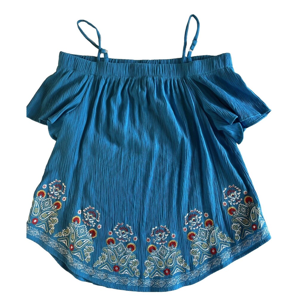 Peasant Off Shoulder Top Womens L Blue Floral Embroidered Hem Boho Cottage Party